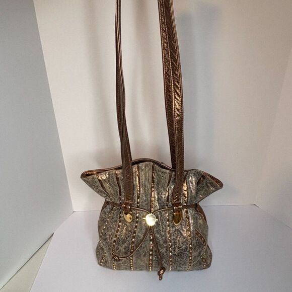 Valerie Artisan Textile Bronze Leather Studded Crossbody Bag Womens Designer - Picture 1 of 9